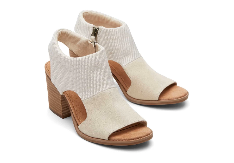 TOMS Eliana Beige Suede Heeled Sandals for Women - Comfortable Dressy Strappy Mid Heel Shoes