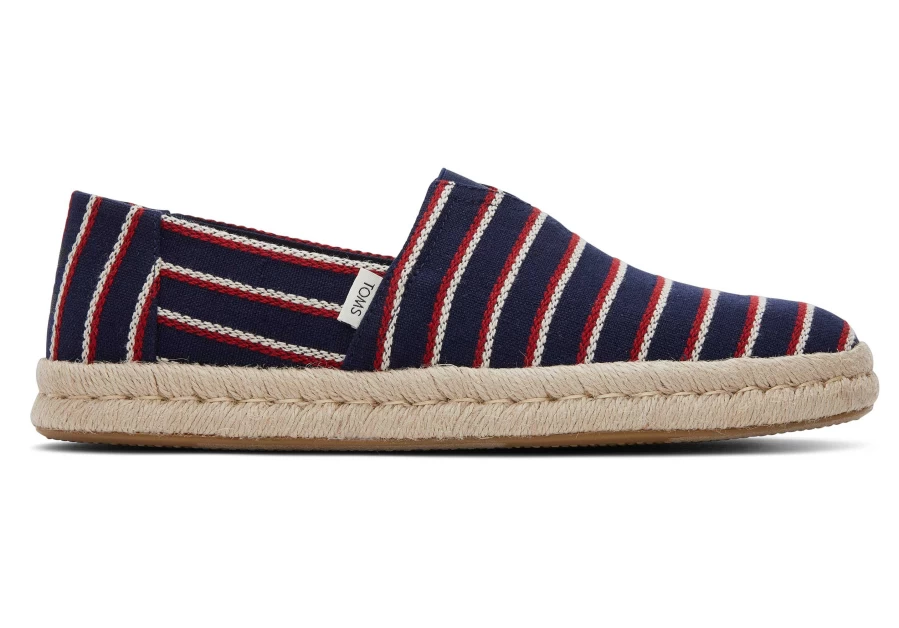 TOMS Alpargata Espadrille 2.0 in Navy Stripes with Rope Detail - Woven Slip-On Shoes