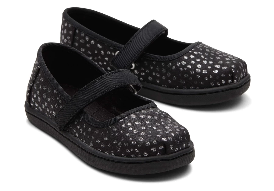 TOMS Mary Jane Toddler Shoes for Girls - Black Foil Comfortable Slip-Ons